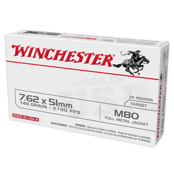 WINCHESTER AMMO 7.62x51mm 149Gr M80 FMJ 20rd Box Rifle Ammo (WM80)