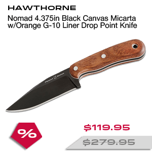 HAWTHORNE Nomad 4.375in Black Canvas Micarta w/Orange G-10 Liner Drop Point Knife (FTKFB3B)