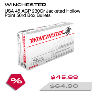WINCHESTER USA 45 ACP 230Gr Jacketed Hollow Point 50rd Box Bullets (USA45JHP)