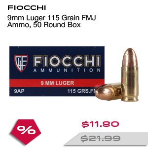 FIOCCHI 9mm Luger 115 Grain FMJ Ammo, 50 Round Box (9AP)