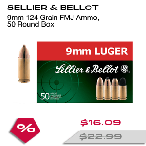 SELLIER & BELLOT 9mm 124 Grain FMJ Ammo, 50 Round Box (SB9B)